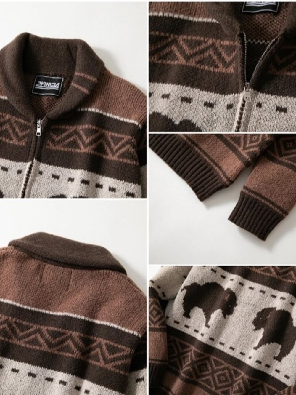 Southwestern Vintage Aztec Buffalo Zip-Up Knit Sweater - Picture 4 of 6